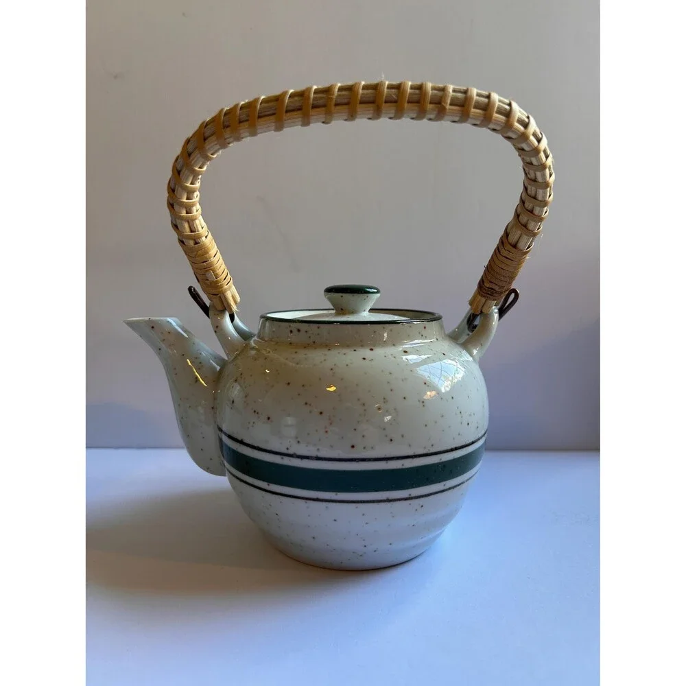 Vintage Stoneware Teapot & 6 Cups, Speckled Ceramic Tea Set, Green Stripe